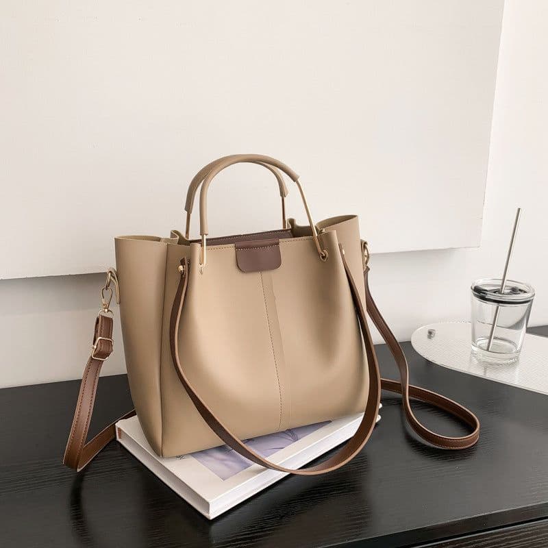 image-Khaki PU Bucket Bag - Large Capacity Tote