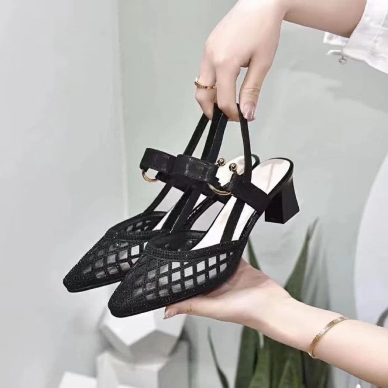 image-Women's Pointed Toe Mesh Sandals - Gold Rhinestone Buckle