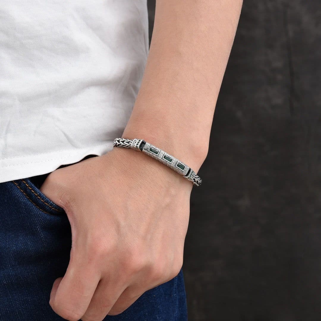 image-Seiko 925 Sterling Silver Bracelet, Men's Rattan Pattern, Unisex Jewelry, Retro Design