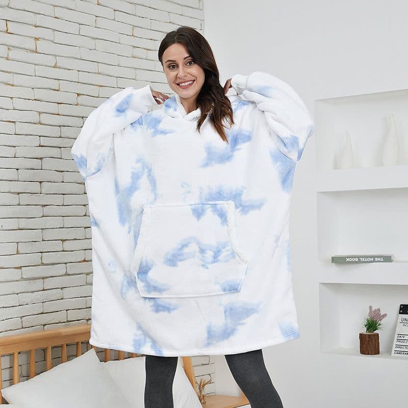image-Tie-dye nightgown blue and white blouse flannel printing casual lazy blanket outdoor warm big pocket hooded sweater women