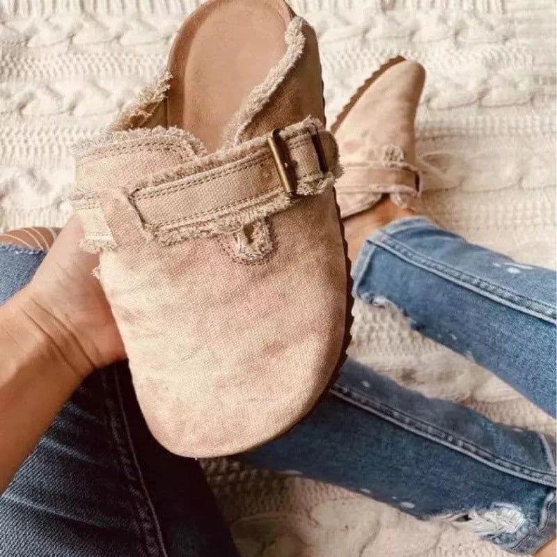 image-Foreign trade shoes and half slippers women's 2023 summer new round head flat tassel sandals wear belt buckle Baotou drag cross-border