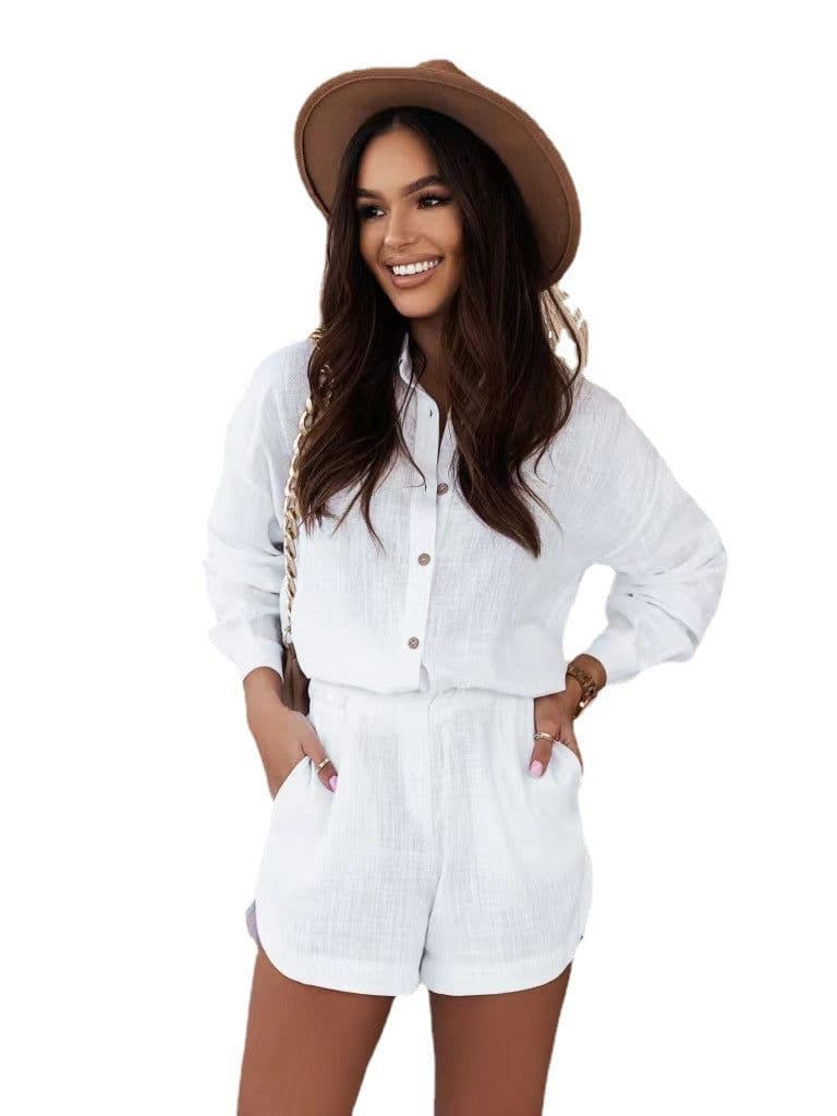image-Women's Casual Shirt Shorts Set - Multicolor