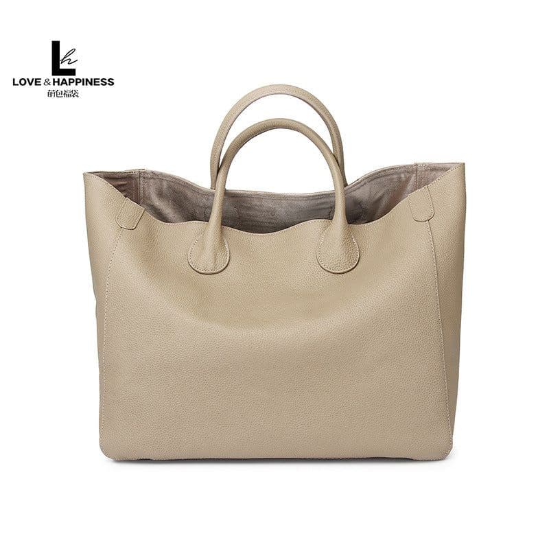 image-European & American Tote Bag, Large Genuine Leather, Khaki, Extra Large Capacity