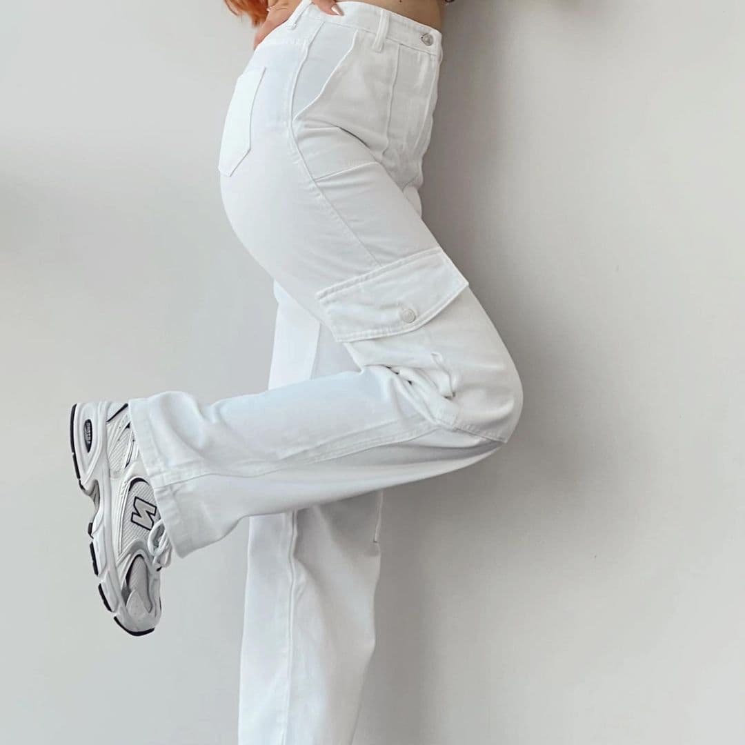 image-Women's Cargo Pants - Khaki Mid-Rise Straight Leg Cotton