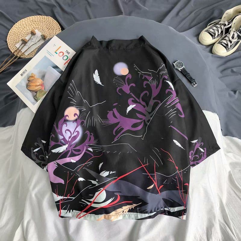 image-A generation of Japanese ukiyo-e Taoist robe sea wave carp kimono male and female couple three-quarter sleeve shirt wholesale