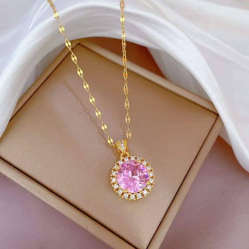 image-Titanium Steel Zirconium Diamond Necklace - Pink