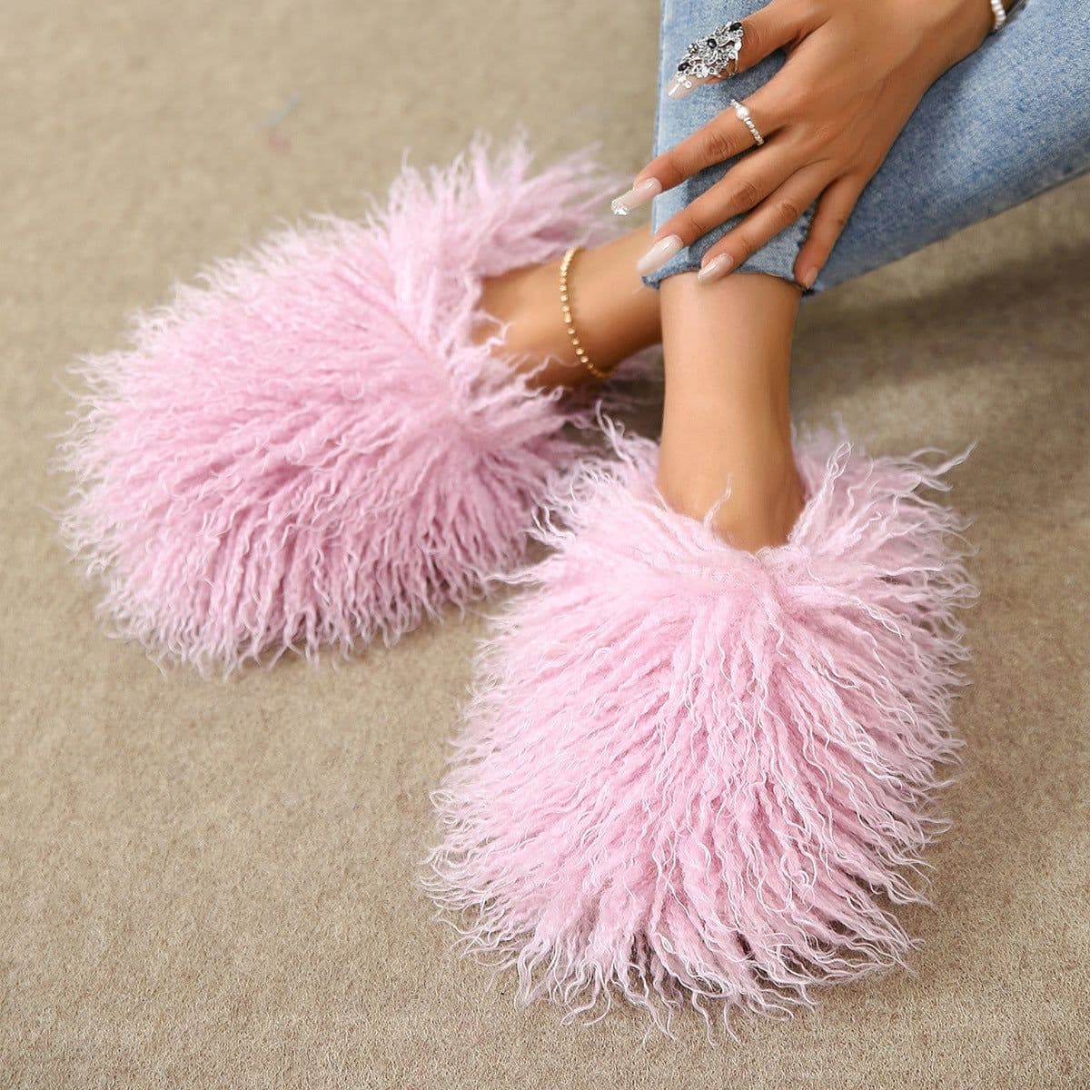 image-Women's Fur Slippers - Warm Home Cotton Slides
