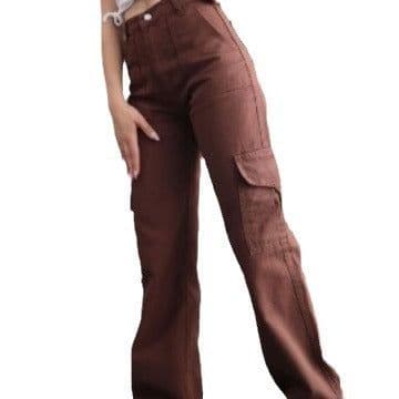 image-Women's Cargo Pants - Khaki Mid-Rise Straight Leg Cotton
