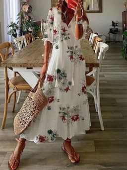 image-2022 Women's Floral V-neck Printed Dress - White 3XL