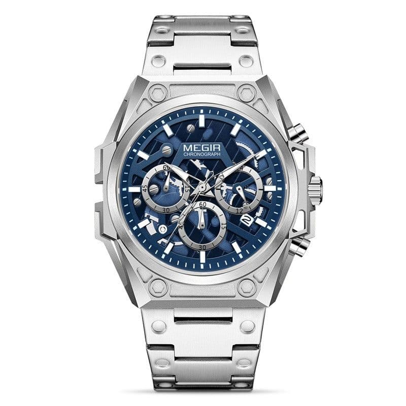 image-MEGIR 47mm Men's Sports Watch - Multi-Function Waterproof Silver Dial 50m