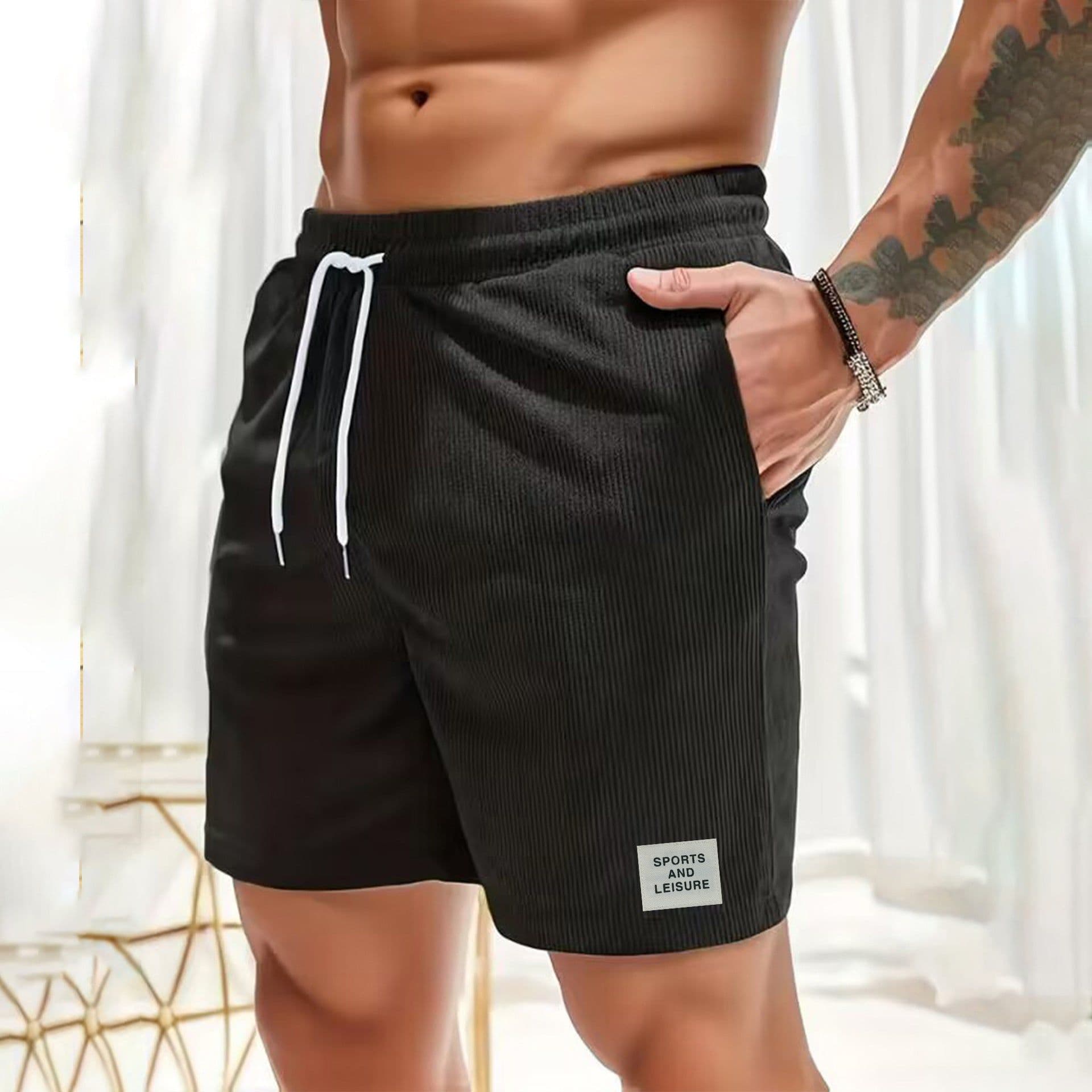 image-Men's Corduroy Shorts Blue Lace-Up Sports