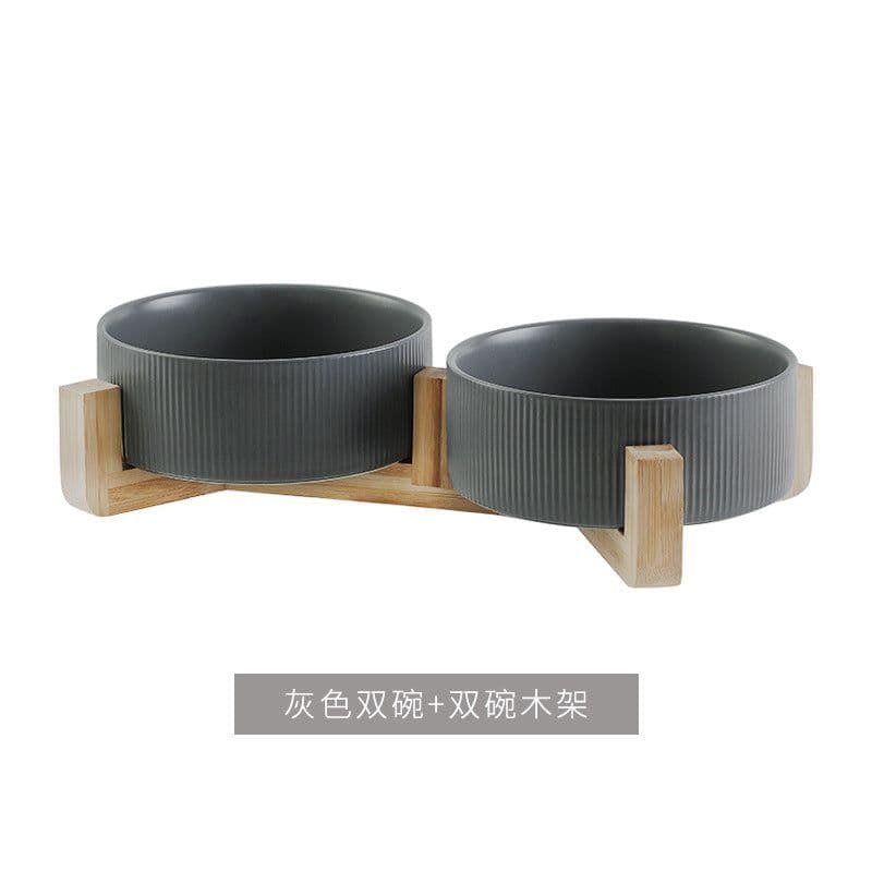 image-Hangyi Ceramics Double Bowl Pet Dish - Wooden Frame, Anti-Knock - 24 Pack