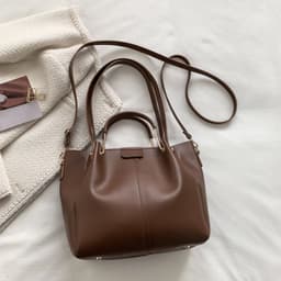 image-Khaki PU Bucket Bag - Large Capacity Tote