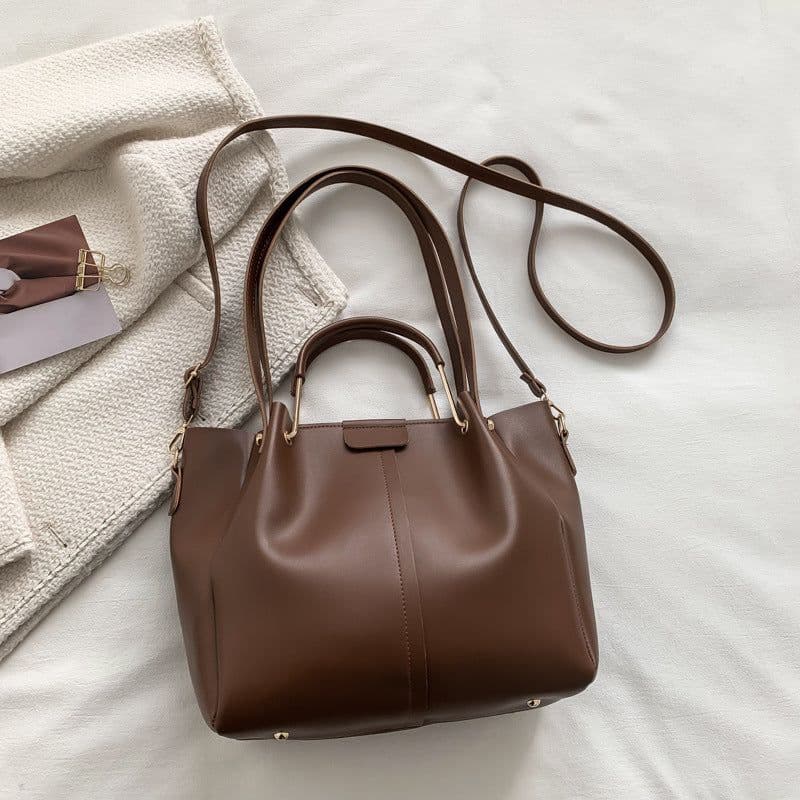 image-Khaki PU Bucket Bag - Large Capacity Tote