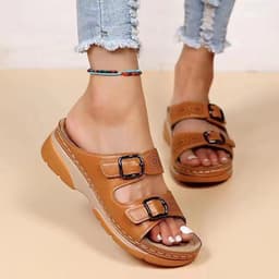 image-Wedge Sandals - Khaki 43 Patent Leather Buckle Casual Women's Shoes