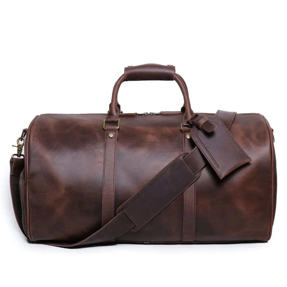 image-Men's Crazy Horse Leather Messenger Bag Cross Border Travel Satchel Dark Brown