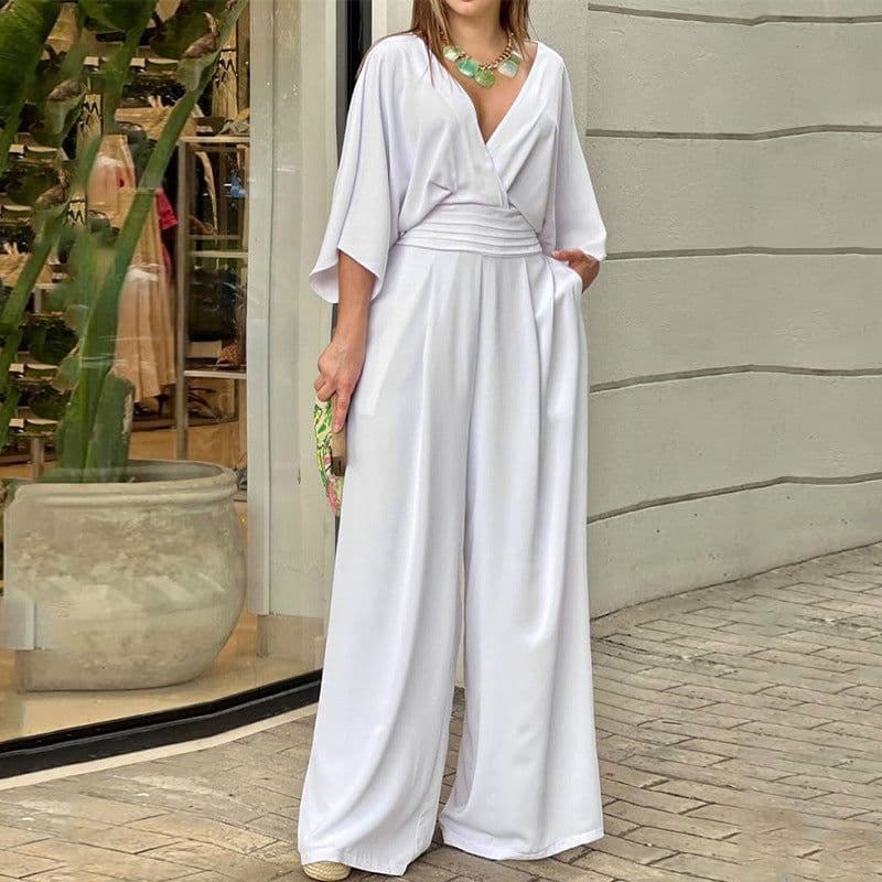 image-Women's V-Neck Jumpsuit - Loose Fit High Waist Polyester