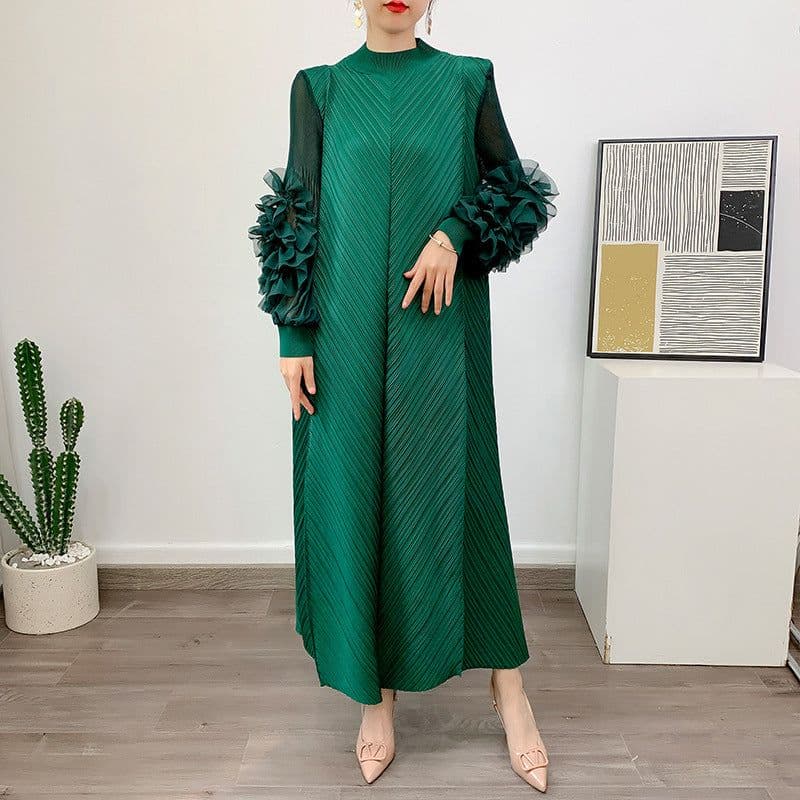 image-Royal Blue Pleated Long Dress - Polyester Loose Fit