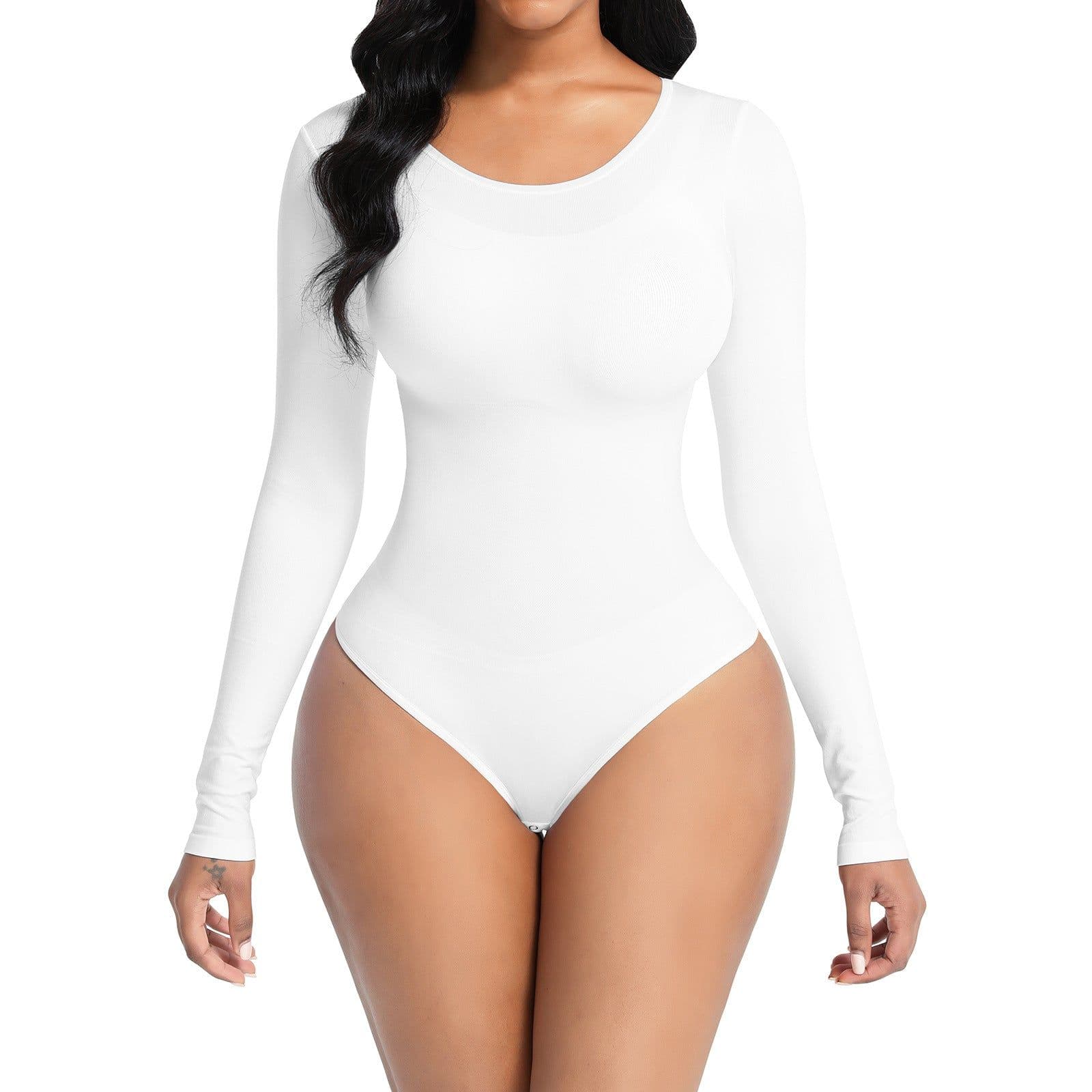 image-Women's Seamless Shapewear Bodysuit - White Long Sleeve