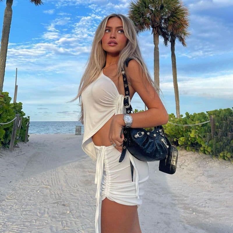 image-Women's Two-Piece Set - One-Shoulder Vest & Skirt