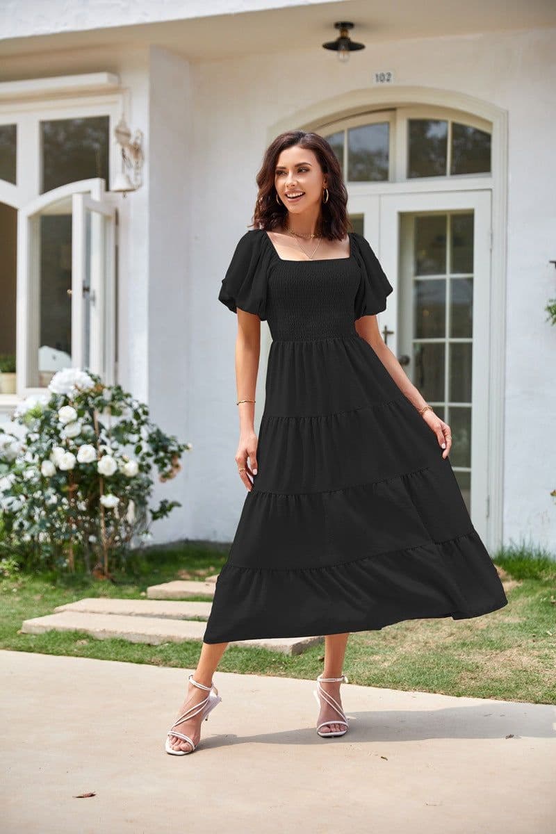 image-Summer Cross-Border Women's Dress - Square Collar Backless Puff Sleeves (54 characters)