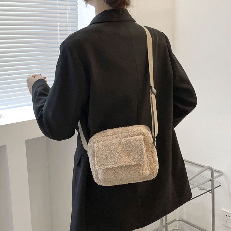 image-Furry One-Shoulder Bag - Brown Small Square Plush