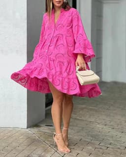 image-V-Neck Midi Dress - Blue Lace Embroidery Loose