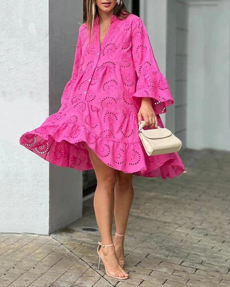 image-V-Neck Midi Dress - Blue Lace Embroidery Loose