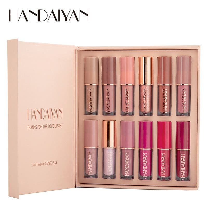 image-HANDAIYAN 12 Color Matte Lip Gloss Set - Non-Stick Cup