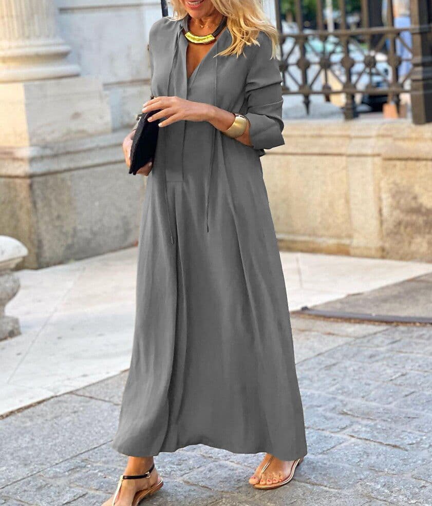 image-2023 European and American cross-border new large swing skirt solid color lapel long sleeve simple casual long shirt dress