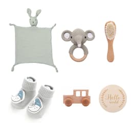 image-Newborn Infant Bath Towel Rattle Gift Set - Wooden Crochet Rattle