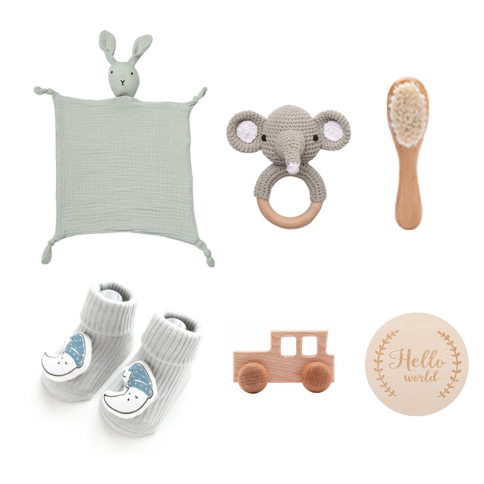 image-Newborn Infant Bath Towel Rattle Gift Set - Wooden Crochet Rattle
