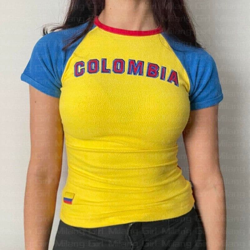 image-European American Y2K Blue Crop Top - Slim Fit