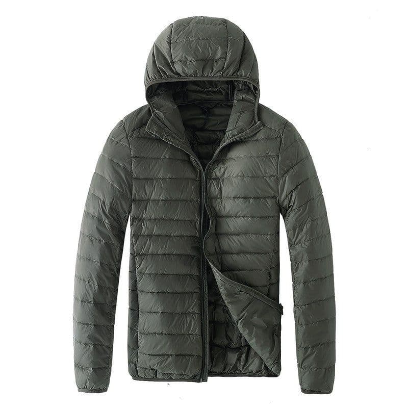 image-Men's Down Jacket - Light Grey Stand Collar Hooded