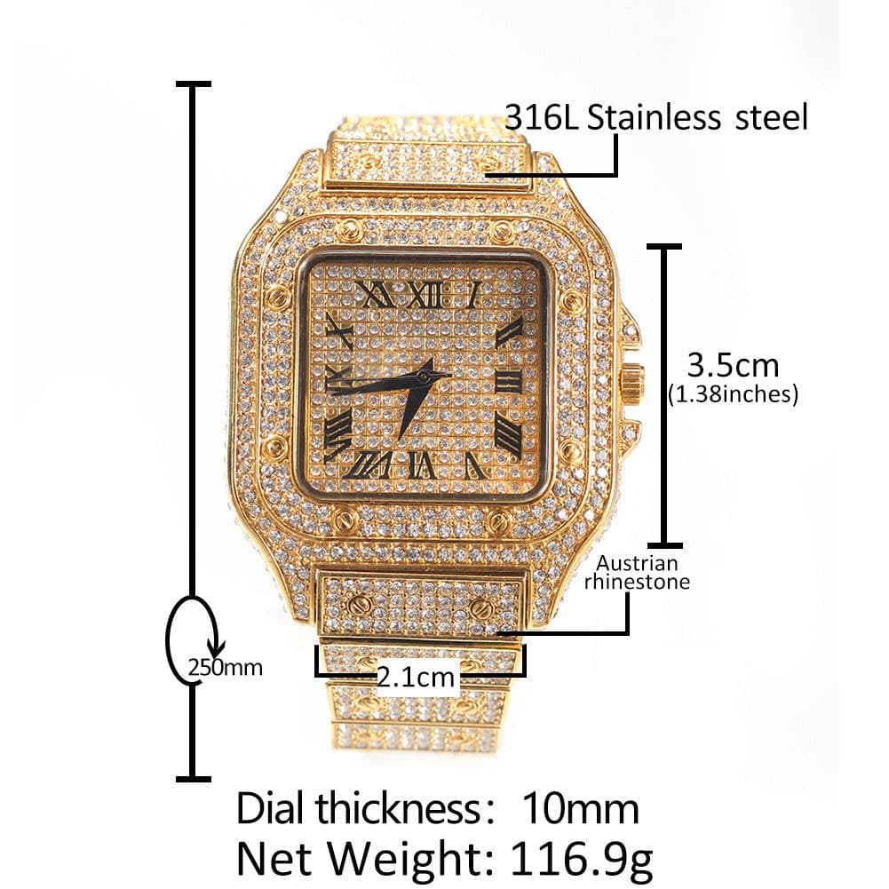 image-Men's Square Quartz Watch - Gold 45mm Roman Dial
