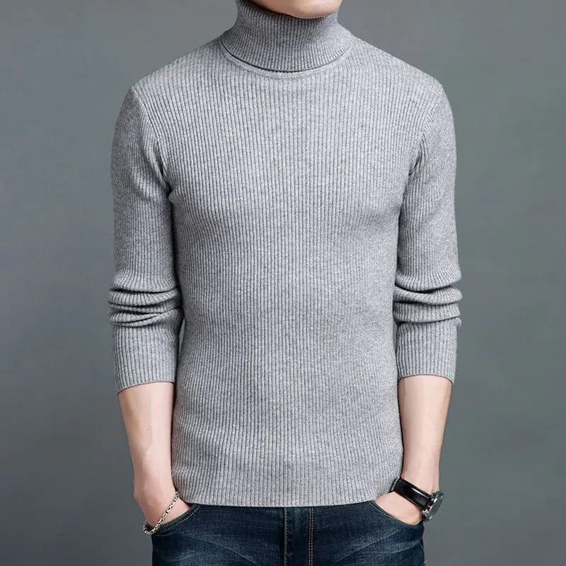 image-2022 autumn and winter new European and American cross-border men's vertical strip knitted pullover slim fit and thin solid color bottoming sweater men