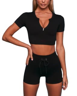 image-Women's Quick-Dry Yoga Sports Bra & Shorts - Long Sleeve Fitness Suit, L, Nylon