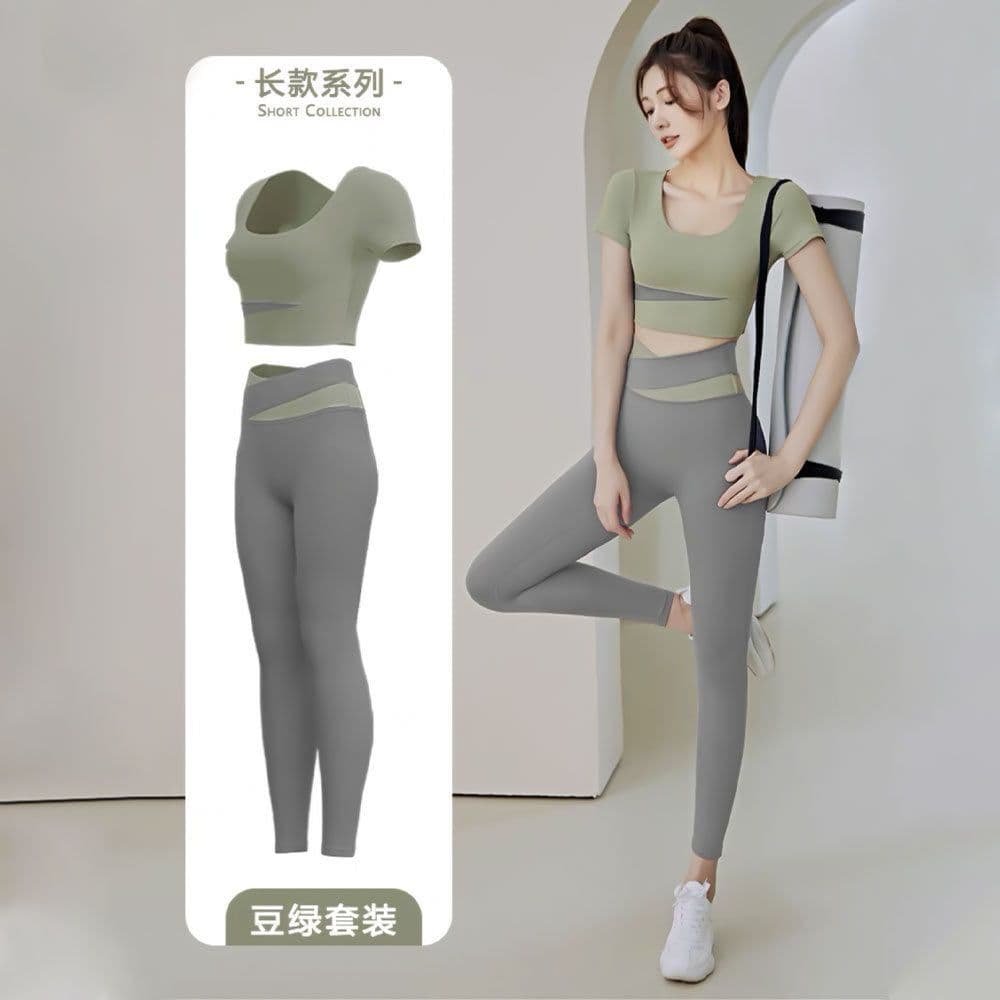 image-Summer new one-piece fixed chest pad sports top yoga pants suit fitness short-sleeved beauty back two-piece set for women