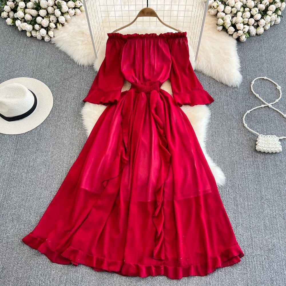 image-Seaside vacation beach skirt super fairy forest one-shoulder off-shoulder ruffled chiffon dress commuting big five points