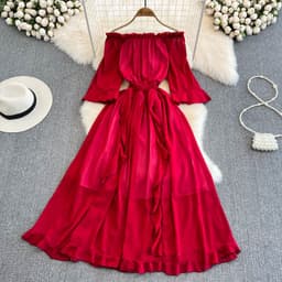 image-Seaside Skirt - Navy Ruffled Chiffon Dress, Commuting, One Shoulder, Midi