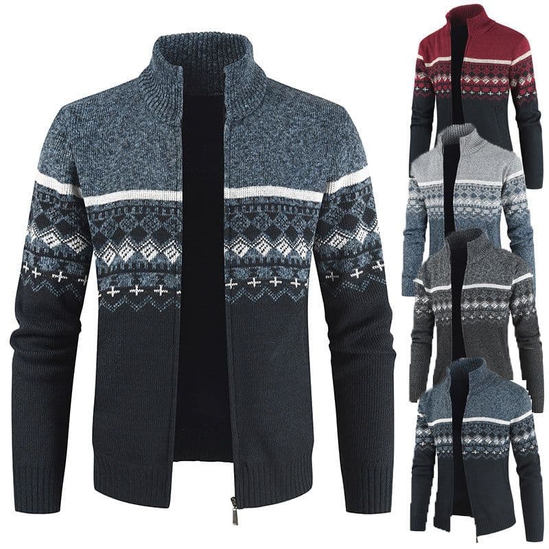 image-Dark Gray Stand Collar Cardigan With Velvet Thickened Knit Sweater Jacket 3XL
