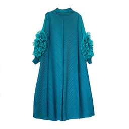 image-Royal Blue Pleated Long Dress - Polyester Loose Fit