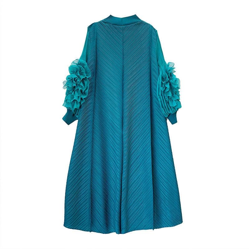 image-Royal Blue Pleated Long Dress - Polyester Loose Fit