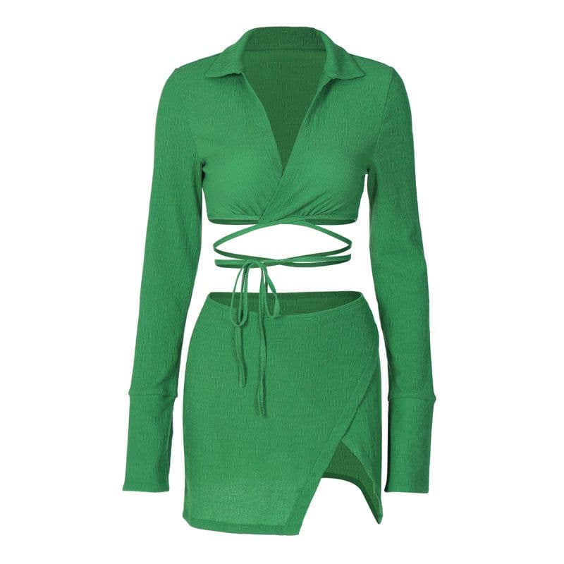 image-European and American women's clothing 2022 summer new fashion cardigan long-sleeved lapel top slim short skirt suit wholesale
