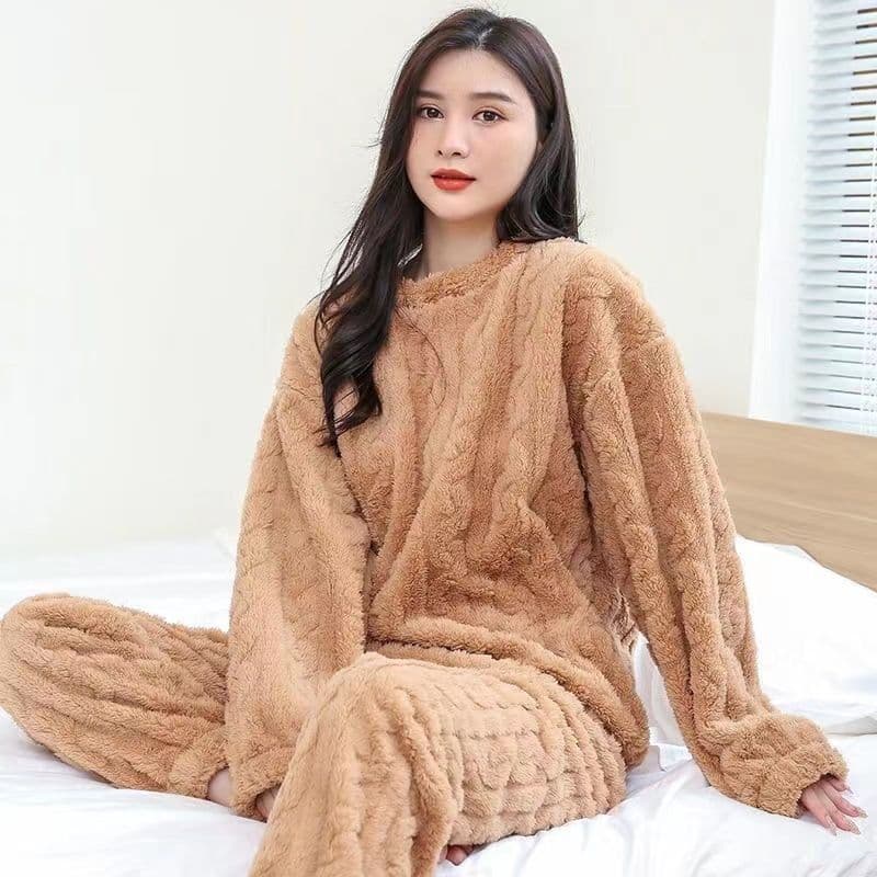 image-2023 Winter Solid Color Jacquard Uniform Warm Suit for Men and Women Comfortable Cotton Velvet Thickened Warm Home Clothes Suit Pajamas