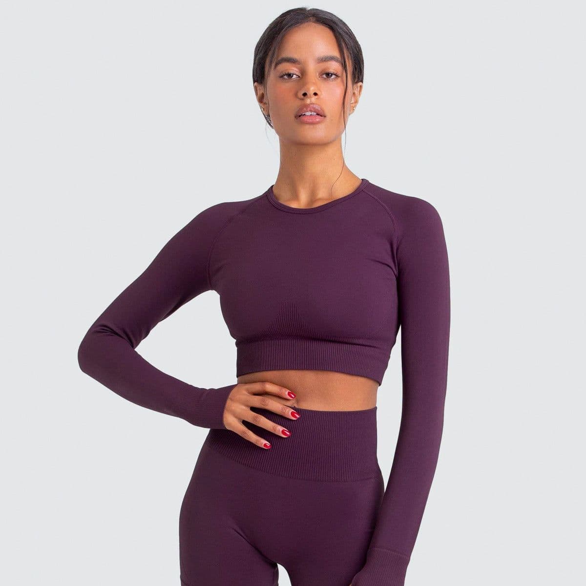 image-Women's Long Sleeve Yoga Top - Black Nylon Spandex