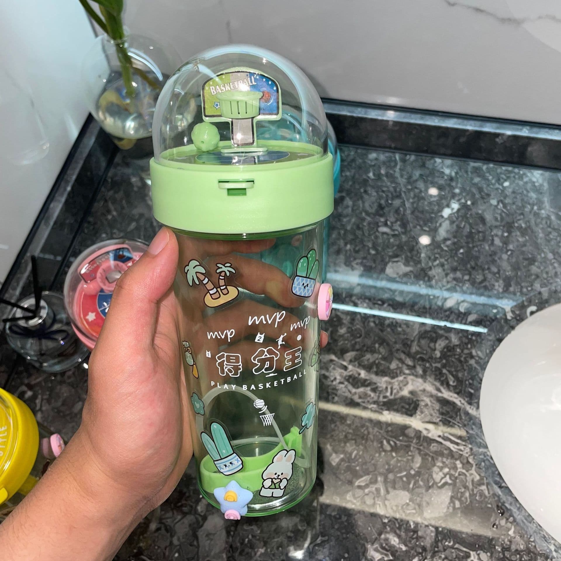 image-Yongkang Cartoon Basketball Water Cup - Green, 420ml Set of 2