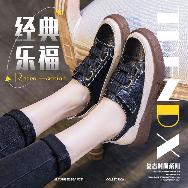 image-Retro Cowhide Women's Low-top Flats - Black 35-43