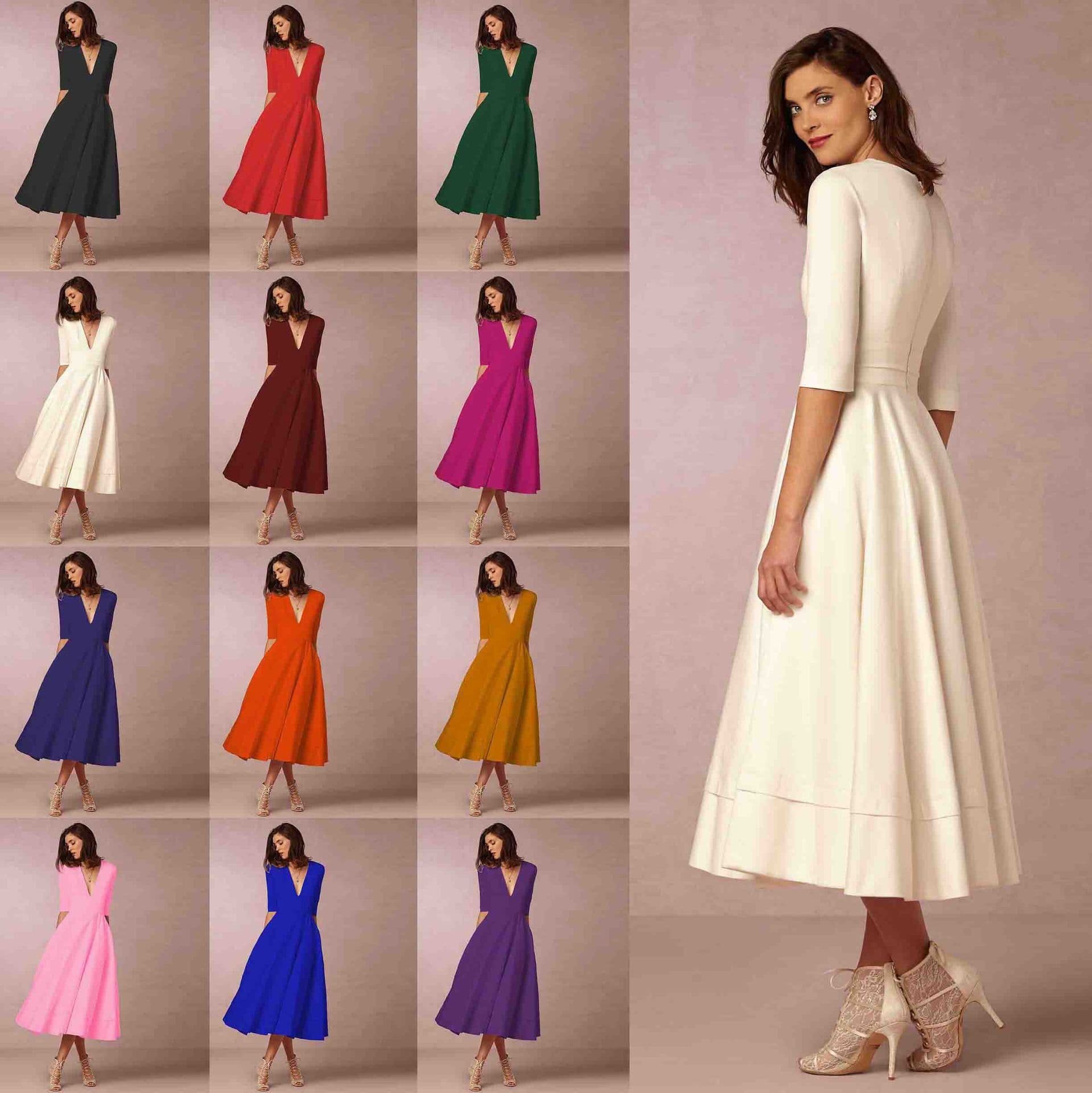 image-Women's Midi Dress - Rose Red V-Neck Swing Dress