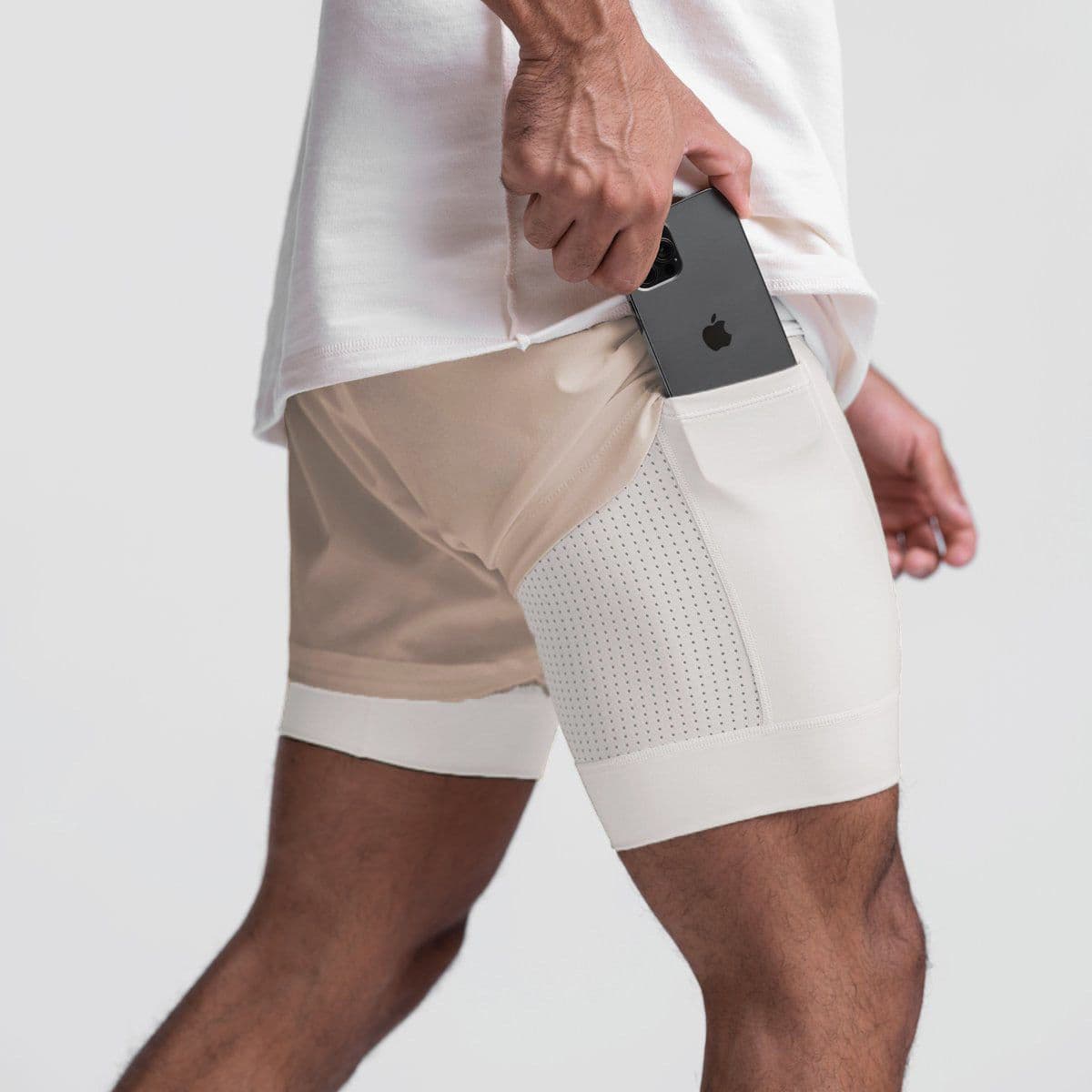 image-European Men's Quick-Dry Muscle Sports Shorts 4XL Beige White